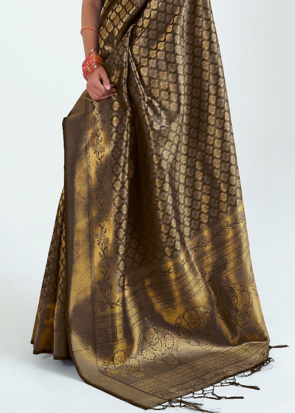 Midnight Black Woven Kanjivaram Silk Saree : Limited Edition | Stitched Blouse - qivii