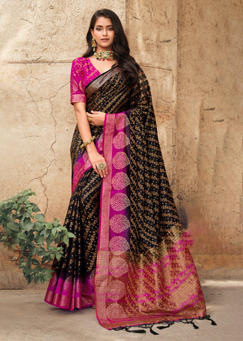 Midnight Black Zari Butta Woven Raw Banarasi Silk Saree | Stitched Blouse - qivii