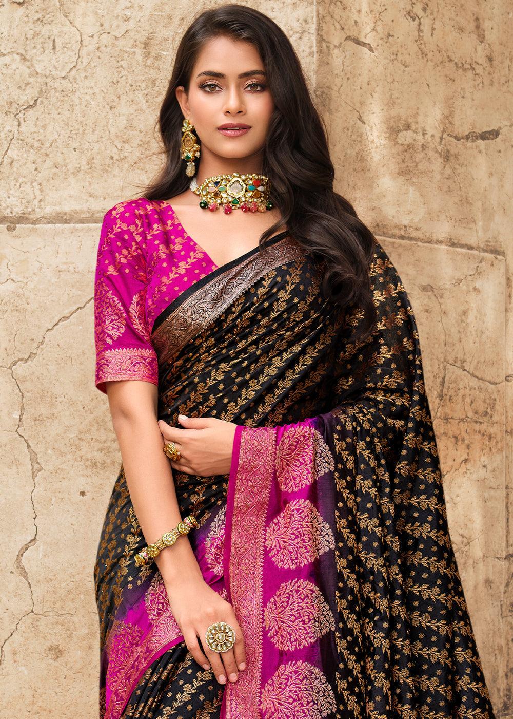 Midnight Black Zari Butta Woven Raw Banarasi Silk Saree | Stitched Blouse - qivii