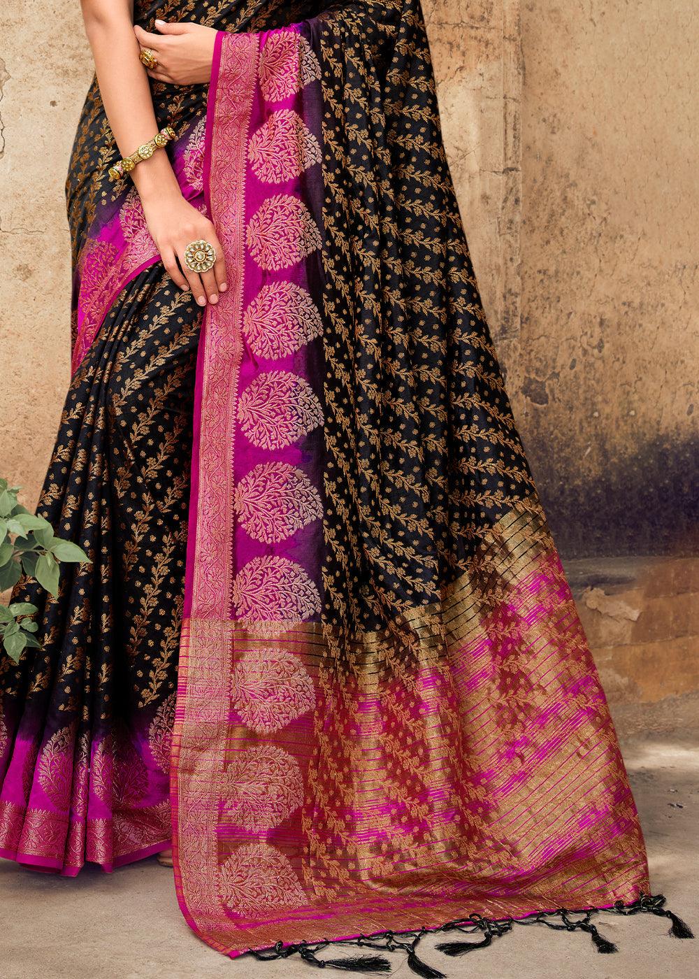 Midnight Black Zari Butta Woven Raw Banarasi Silk Saree | Stitched Blouse - qivii