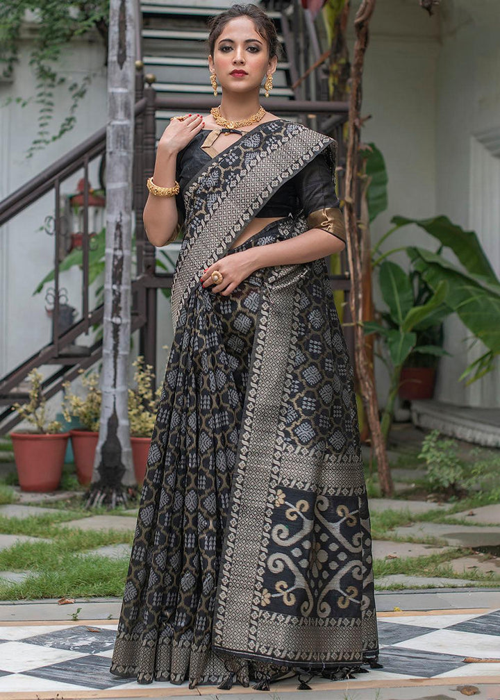 Midnight Black Zari Woven Tussar Silk Saree | Stitched Blouse - qivii