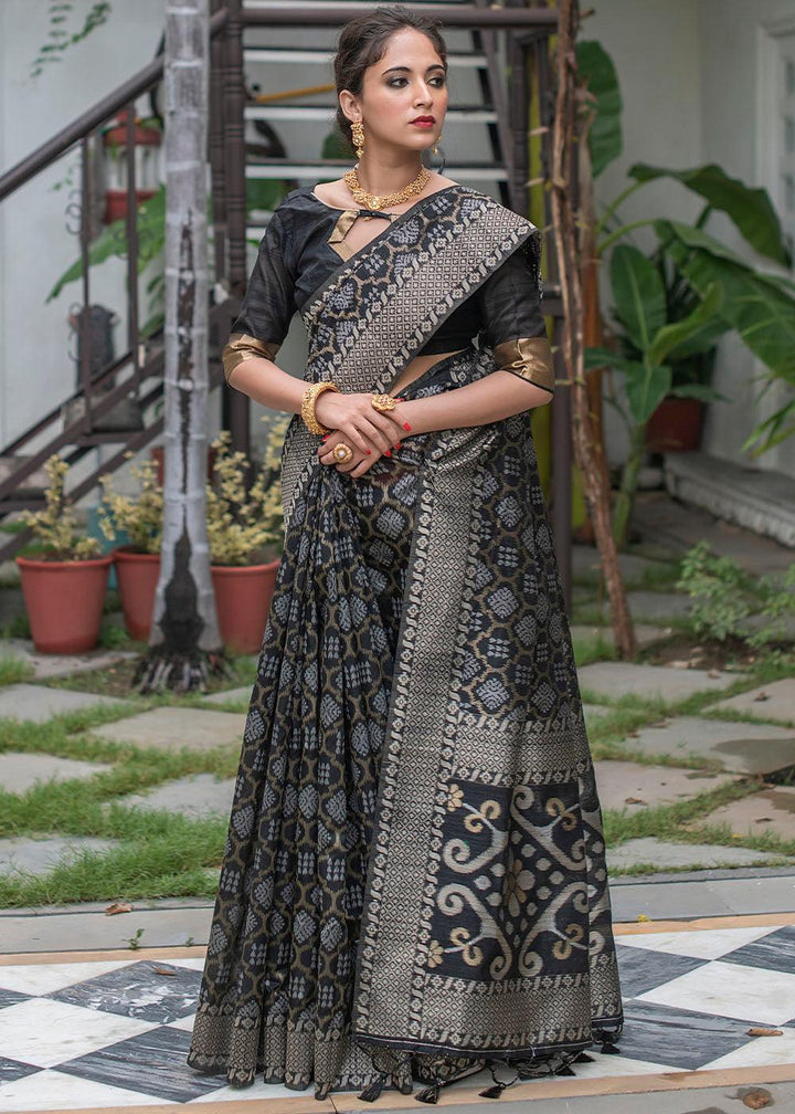 Midnight Black Zari Woven Tussar Silk Saree | Stitched Blouse - qivii