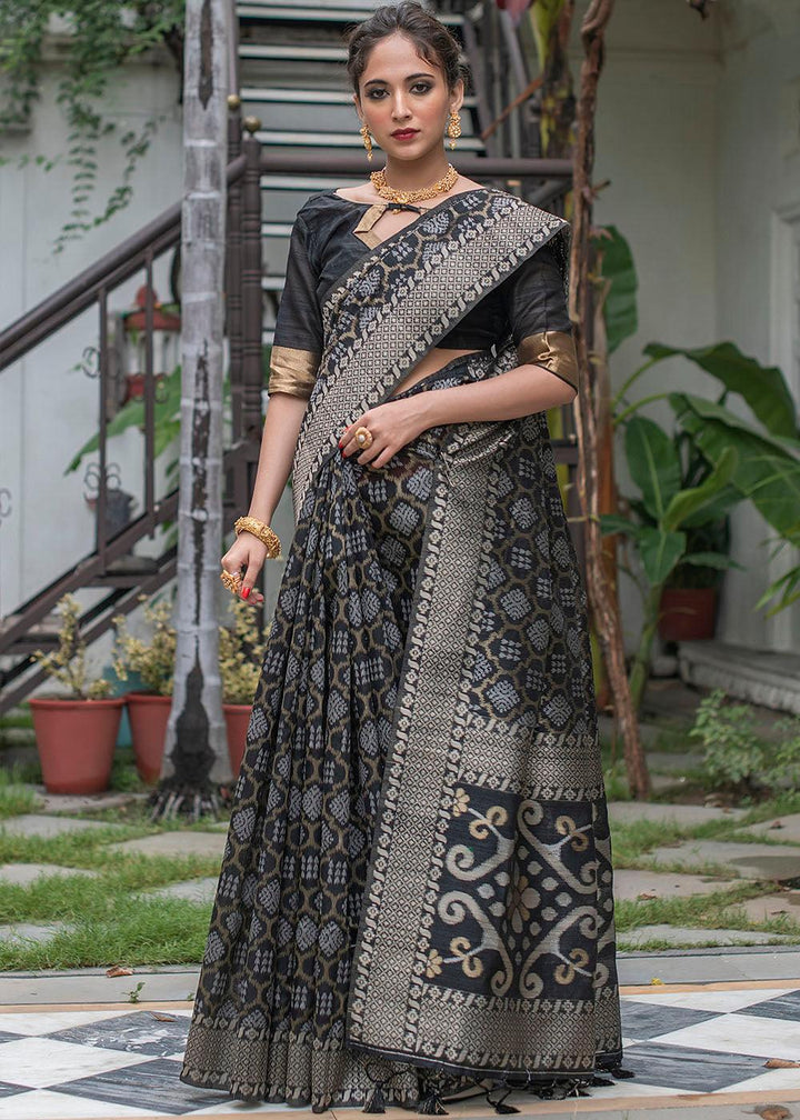 Midnight Black Zari Woven Tussar Silk Saree | Stitched Blouse - qivii