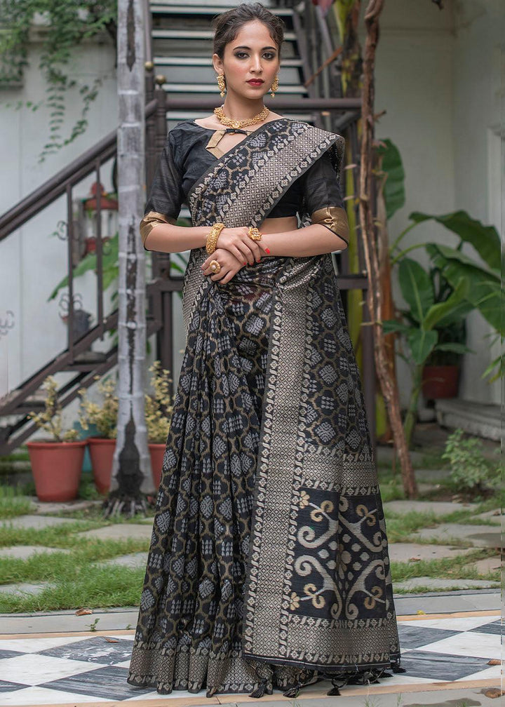 Midnight Black Zari Woven Tussar Silk Saree | Stitched Blouse - qivii