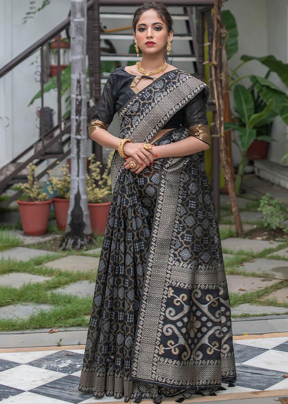 Midnight Black Zari Woven Tussar Silk Saree | Stitched Blouse - qivii