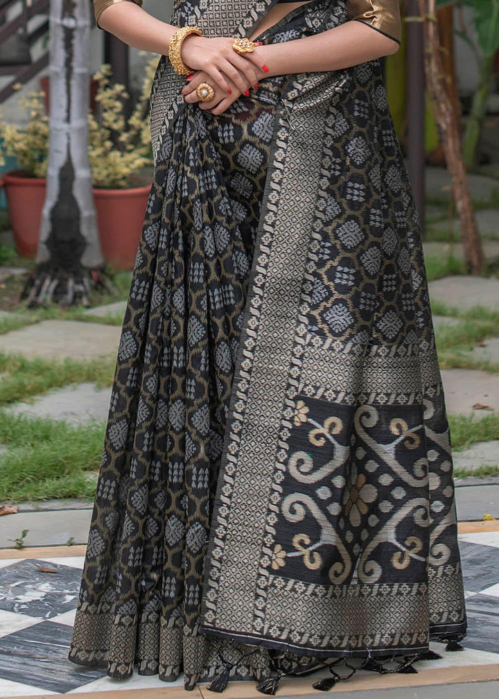 Midnight Black Zari Woven Tussar Silk Saree | Stitched Blouse - qivii