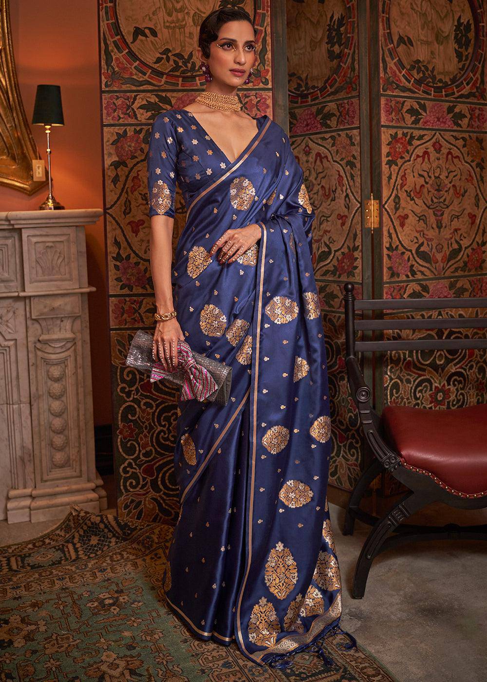 Midnight Blue Copper Zari Woven Satin Silk Saree | Stitched Blouse - qivii