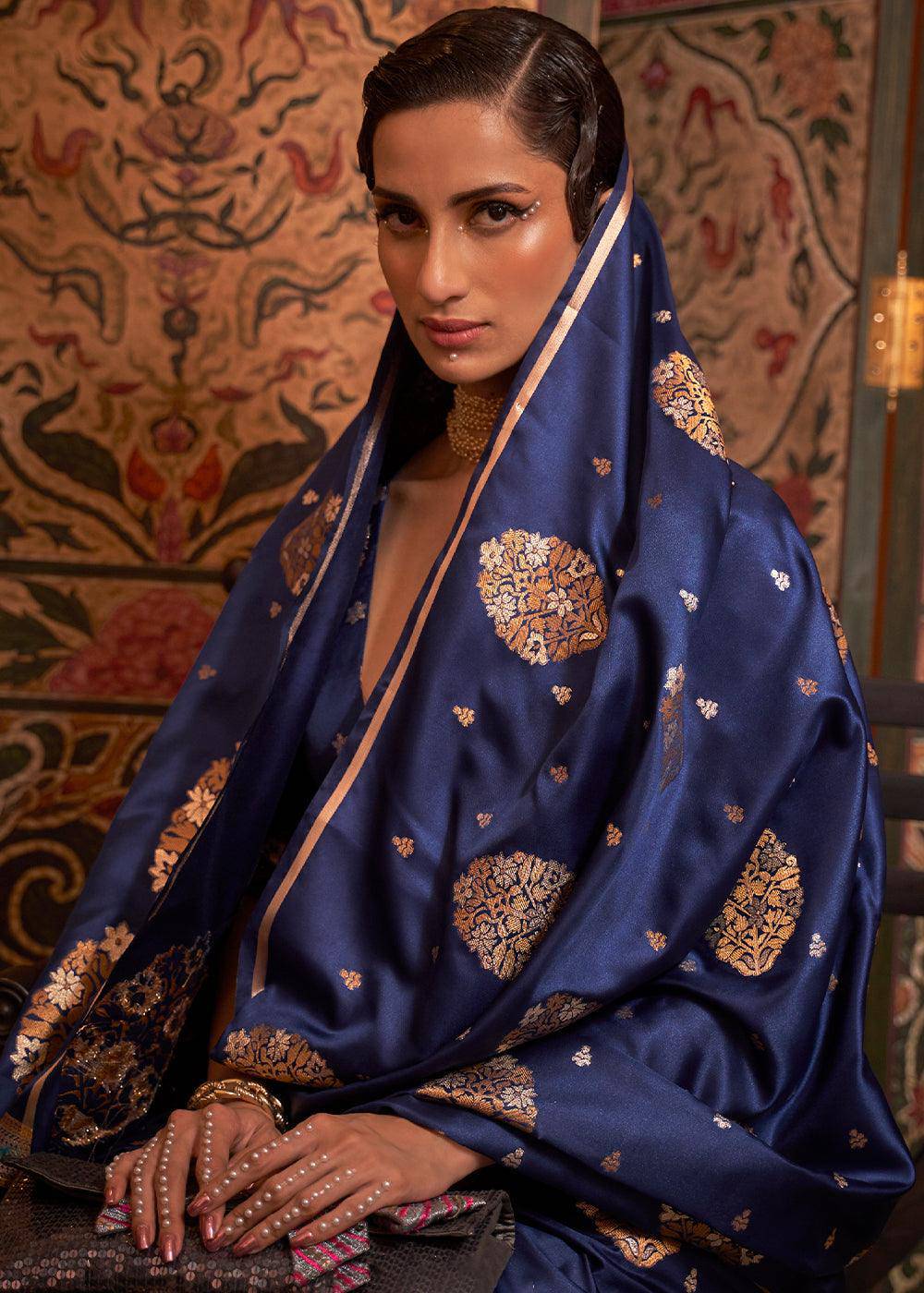 Midnight Blue Copper Zari Woven Satin Silk Saree | Stitched Blouse - qivii