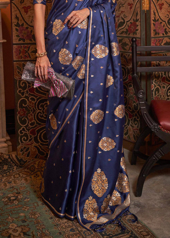 Midnight Blue Copper Zari Woven Satin Silk Saree | Stitched Blouse - qivii