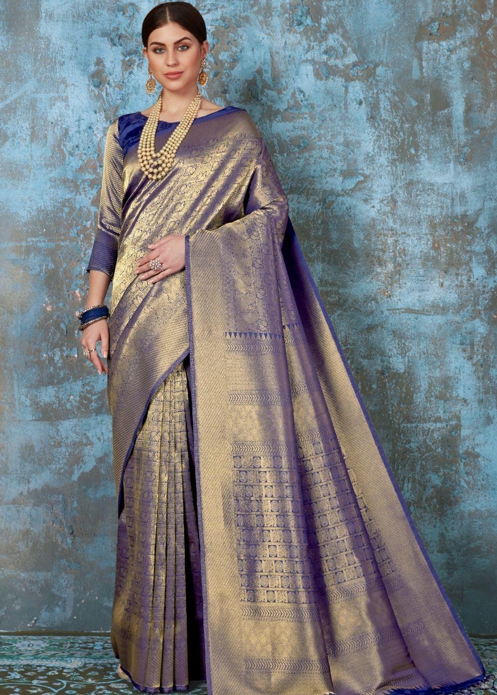 Midnight Blue Handloom Weave Kanjivaram Silk Saree : Special Wedding Edition | Stitched Blouse - qivii