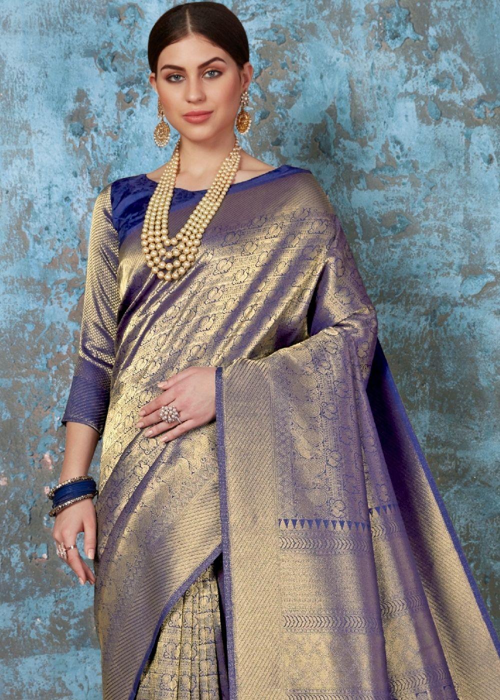 Midnight Blue Handloom Weave Kanjivaram Silk Saree : Special Wedding Edition | Stitched Blouse - qivii