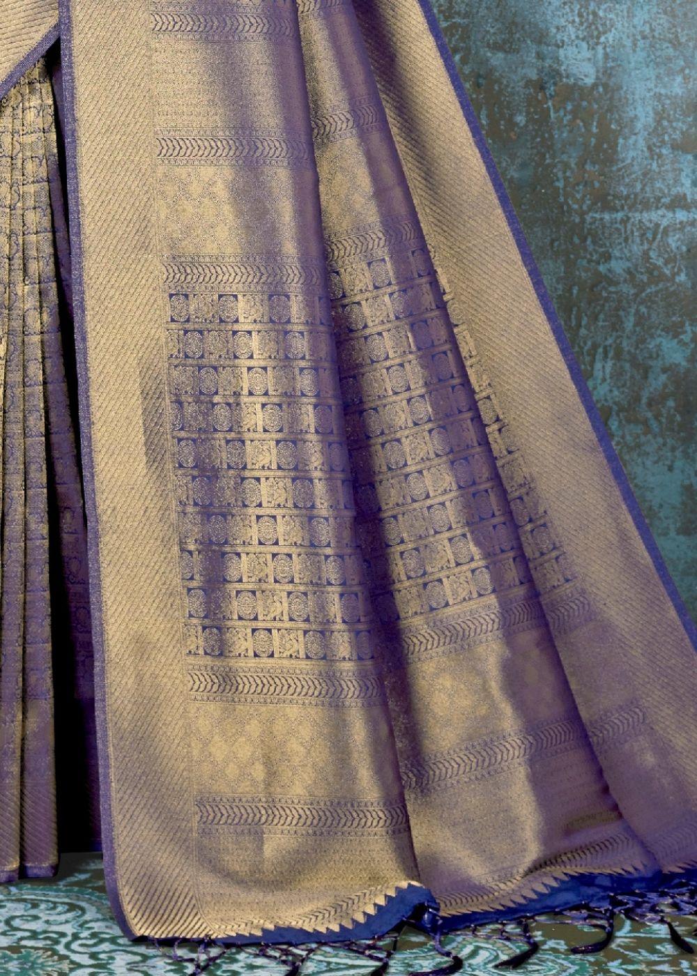 Midnight Blue Handloom Weave Kanjivaram Silk Saree : Special Wedding Edition | Stitched Blouse - qivii