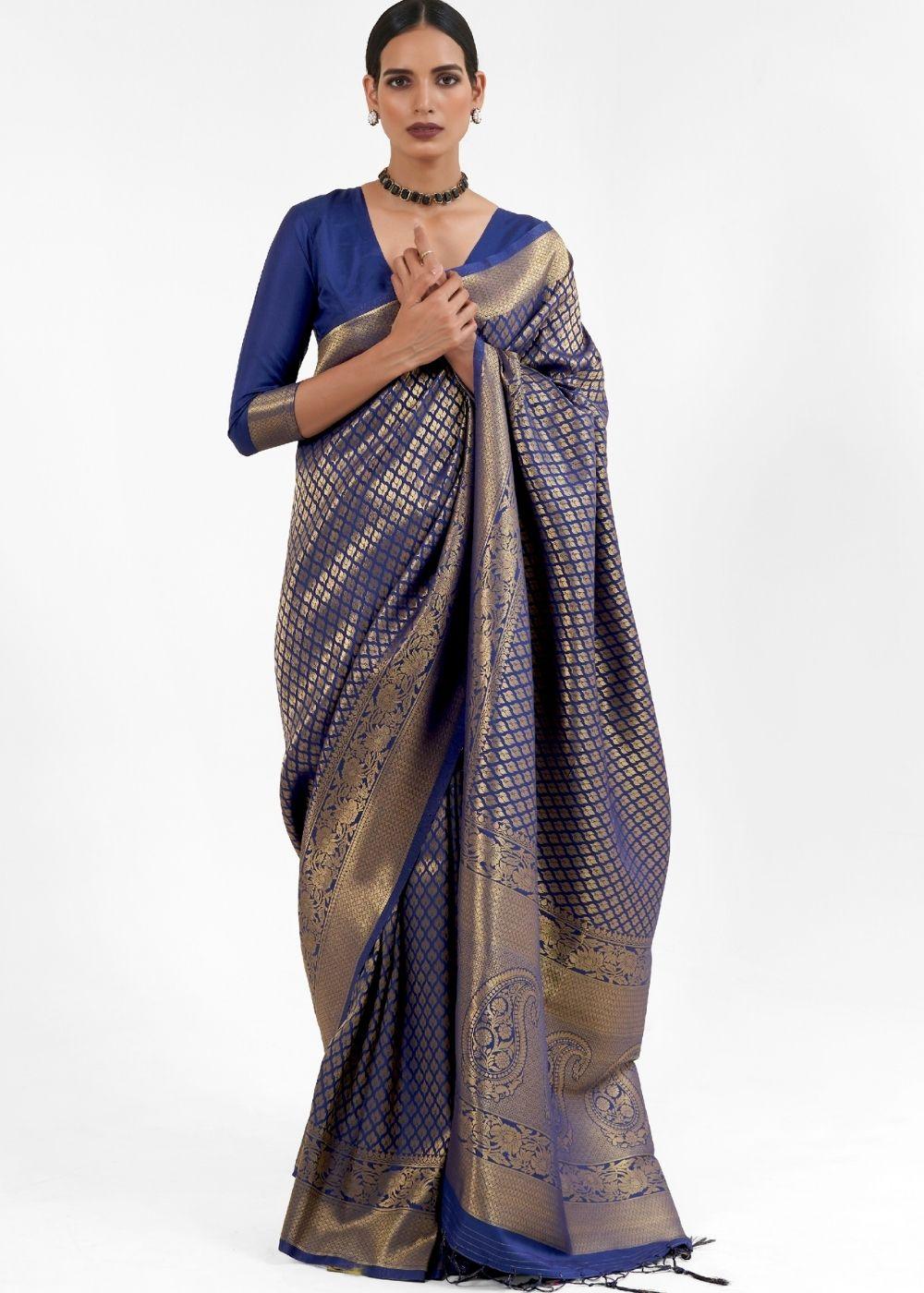 Midnight Blue Kanjivaram Soft Woven Silk Saree | Stitched Blouse - qivii