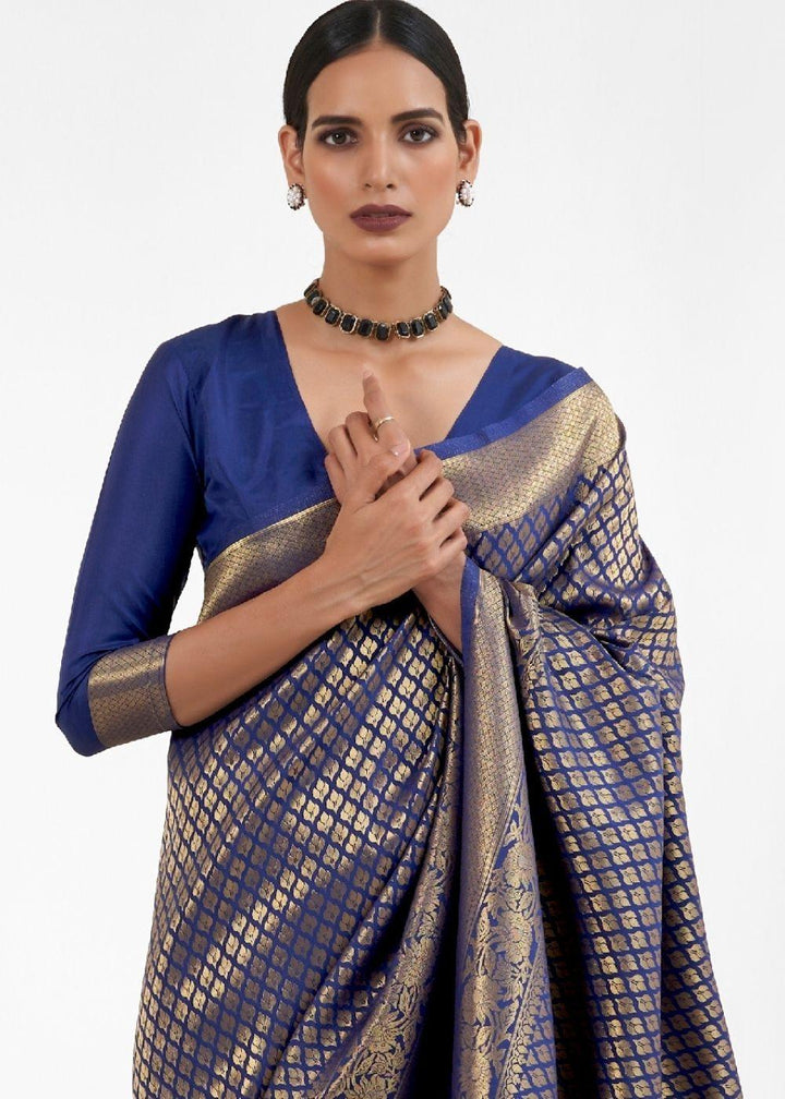 Midnight Blue Kanjivaram Soft Woven Silk Saree | Stitched Blouse - qivii