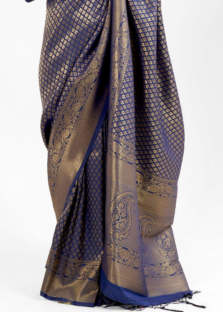 Midnight Blue Kanjivaram Soft Woven Silk Saree | Stitched Blouse - qivii