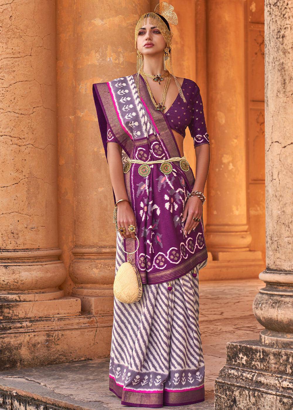 Midnight Purple & White Designer Printed Silk Saree with Contrast Blouse & Pallu | Stitched Blouse - qivii