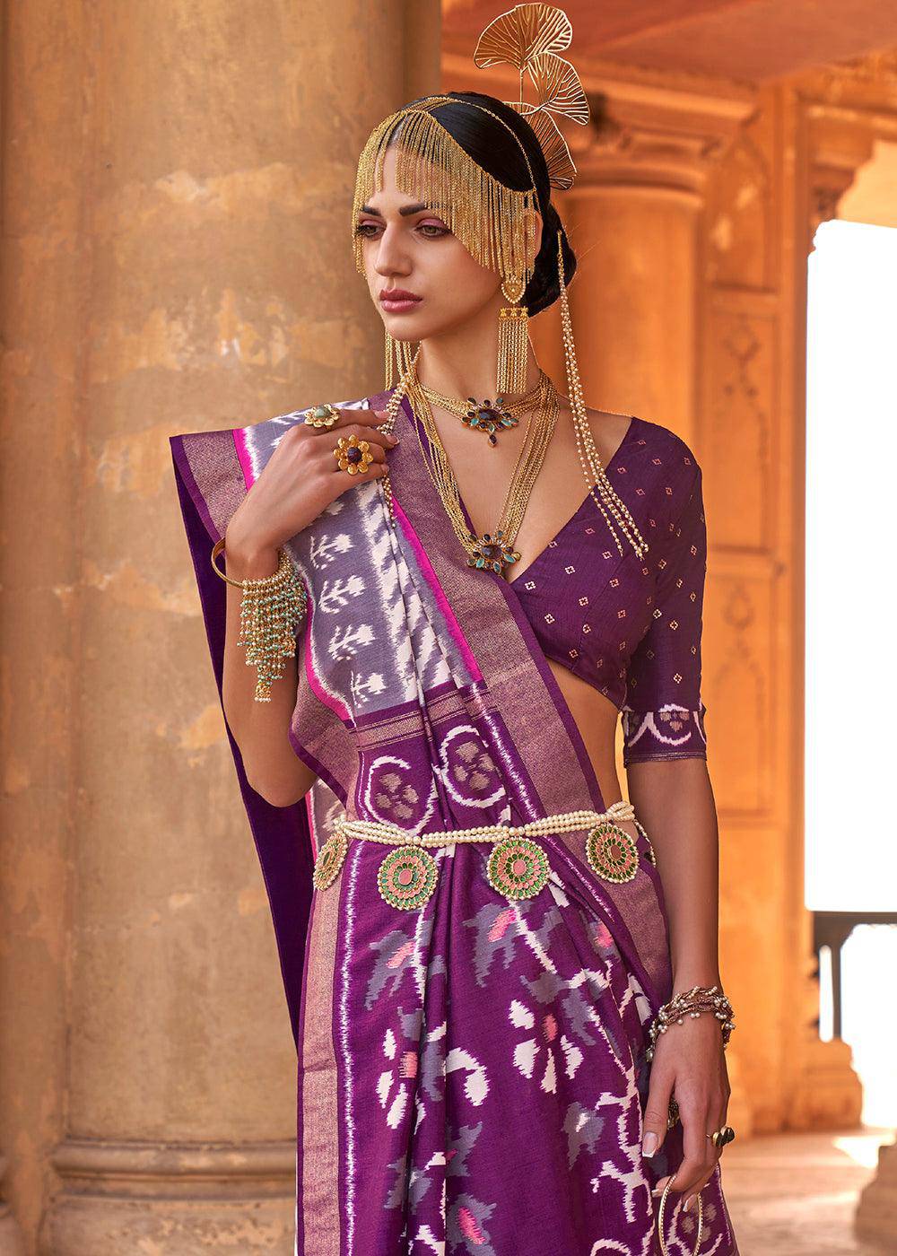 Midnight Purple & White Designer Printed Silk Saree with Contrast Blouse & Pallu | Stitched Blouse - qivii