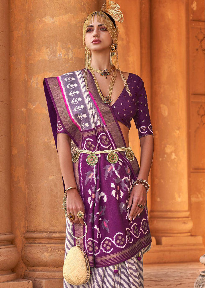 Midnight Purple & White Designer Printed Silk Saree with Contrast Blouse & Pallu | Stitched Blouse - qivii