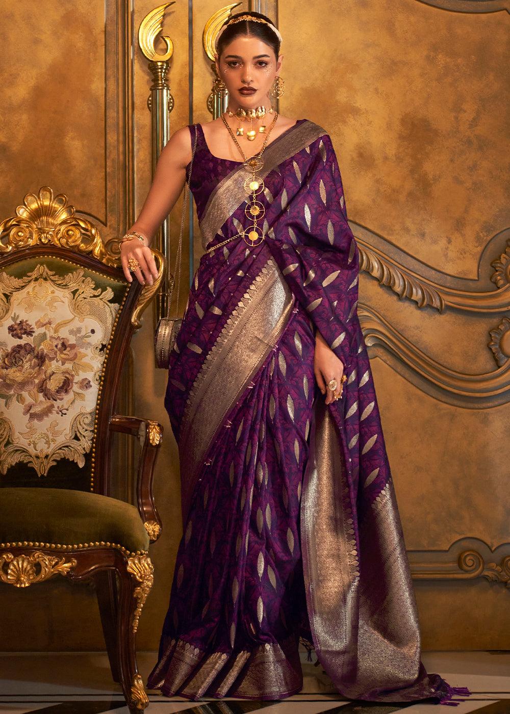 Midnight Purple Handloom Woven Satin Silk Saree - qivii