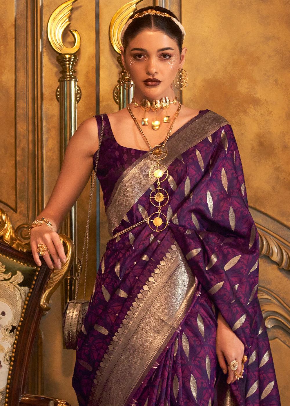 Midnight Purple Handloom Woven Satin Silk Saree - qivii