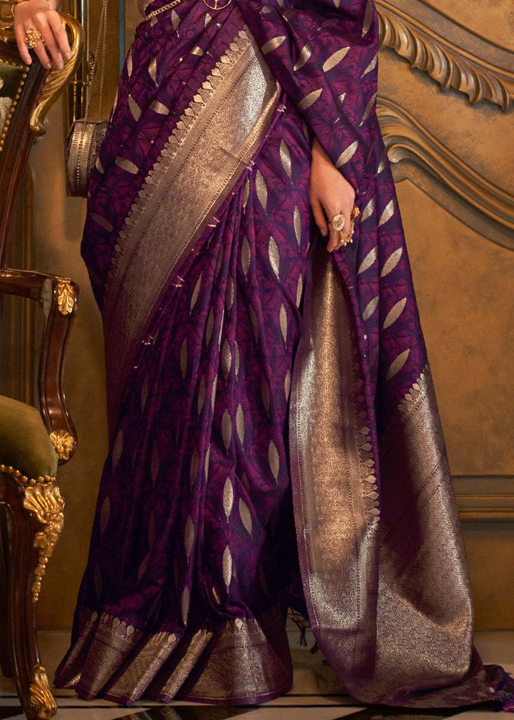 Midnight Purple Handloom Woven Satin Silk Saree - qivii