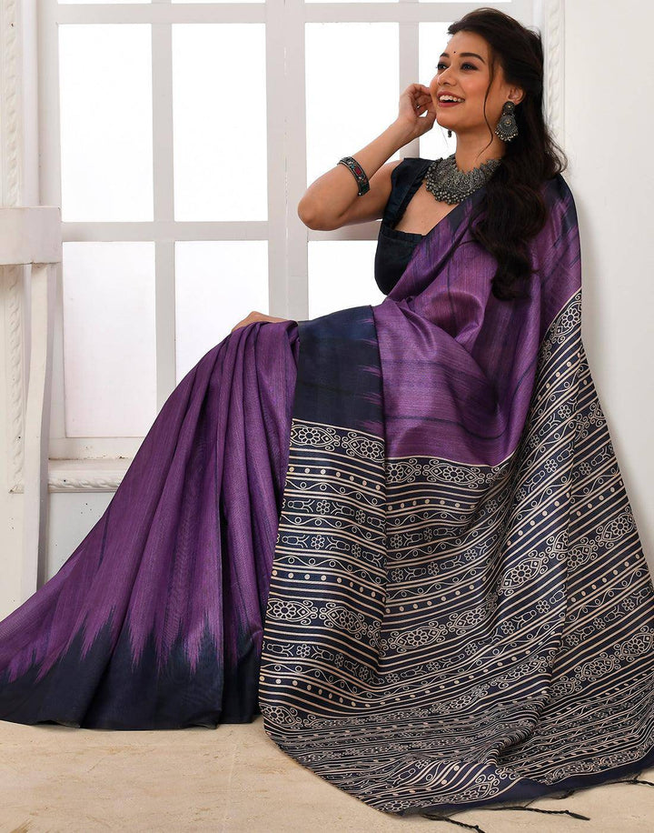 Midnight Purple Tussar Silk Temple Print Saree | Stitched Blouse - qivii