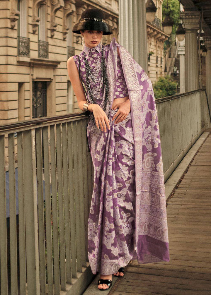 Midnight Purple Zari Handloom Woven Organza Silk Saree | Stitched Blouse - qivii