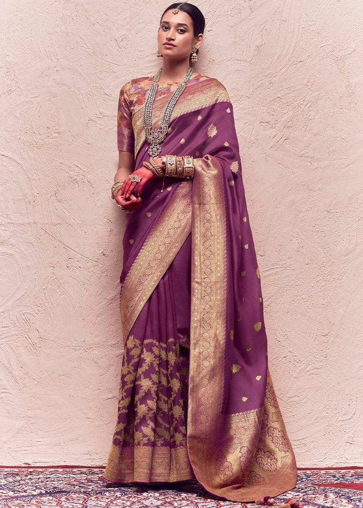 Midnight Purple Zari Woven Dola Silk Saree With Zari Woven Blouse | Stitched Blouse - qivii