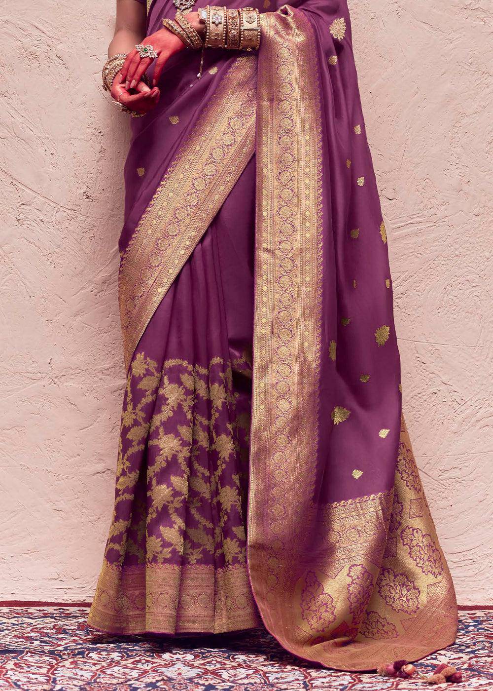 Midnight Purple Zari Woven Dola Silk Saree With Zari Woven Blouse | Stitched Blouse - qivii