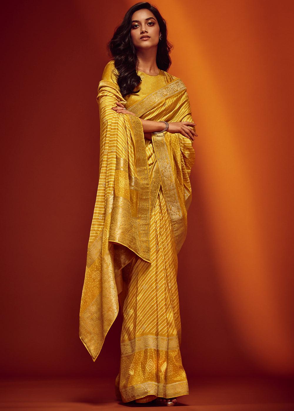 Mikado Yellow Bandhani Printed Woven Viscose Silk Saree - qivii