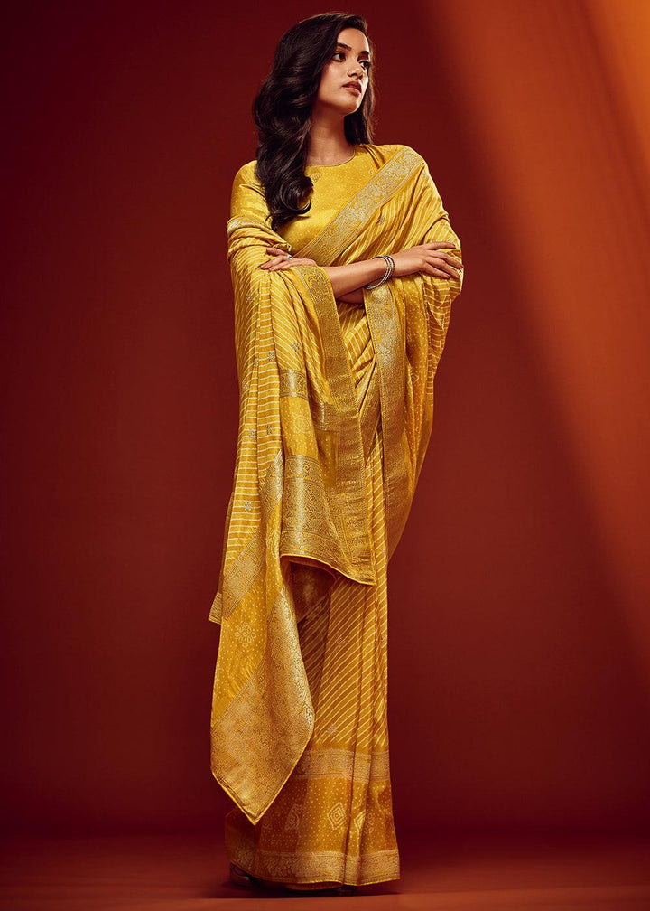 Mikado Yellow Bandhani Printed Woven Viscose Silk Saree - qivii