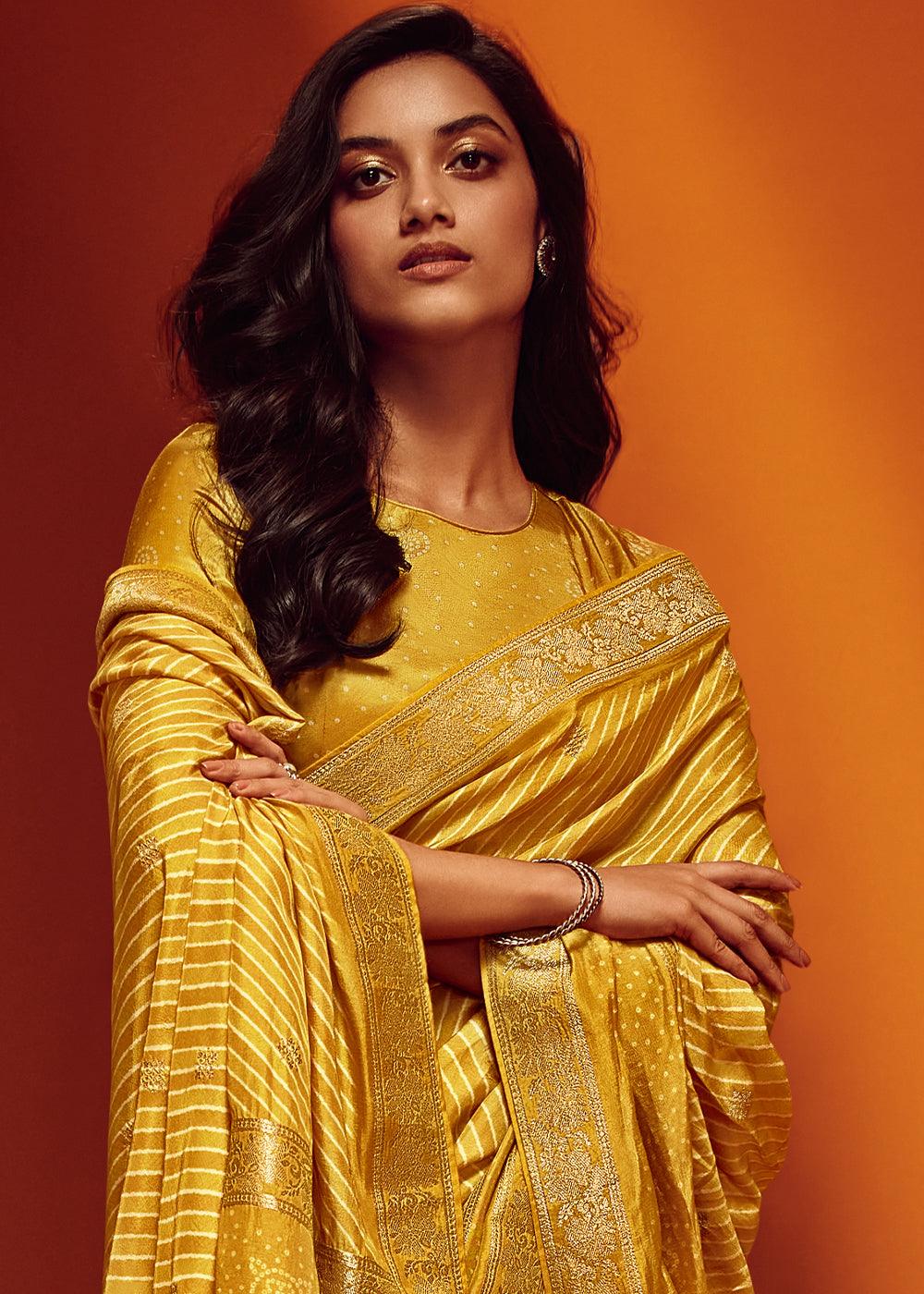 Mikado Yellow Bandhani Printed Woven Viscose Silk Saree - qivii