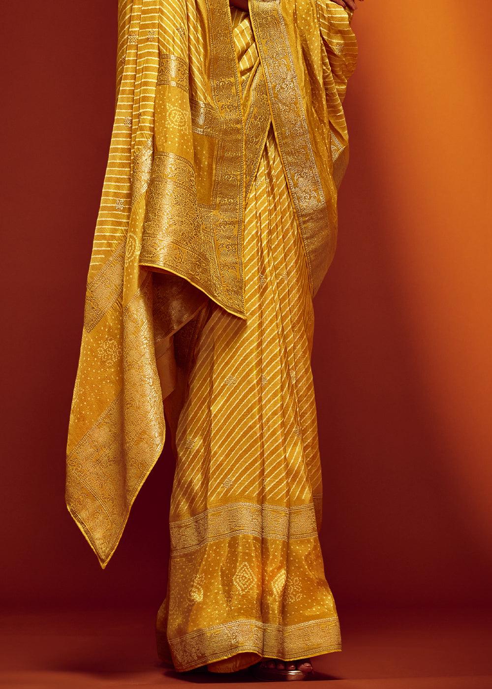 Mikado Yellow Bandhani Printed Woven Viscose Silk Saree - qivii