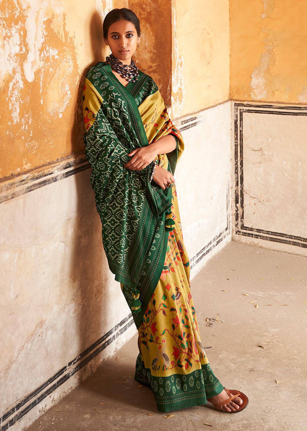 Mikado Yellow Patola Print Tussar Silk Saree | Stitched Blouse - qivii