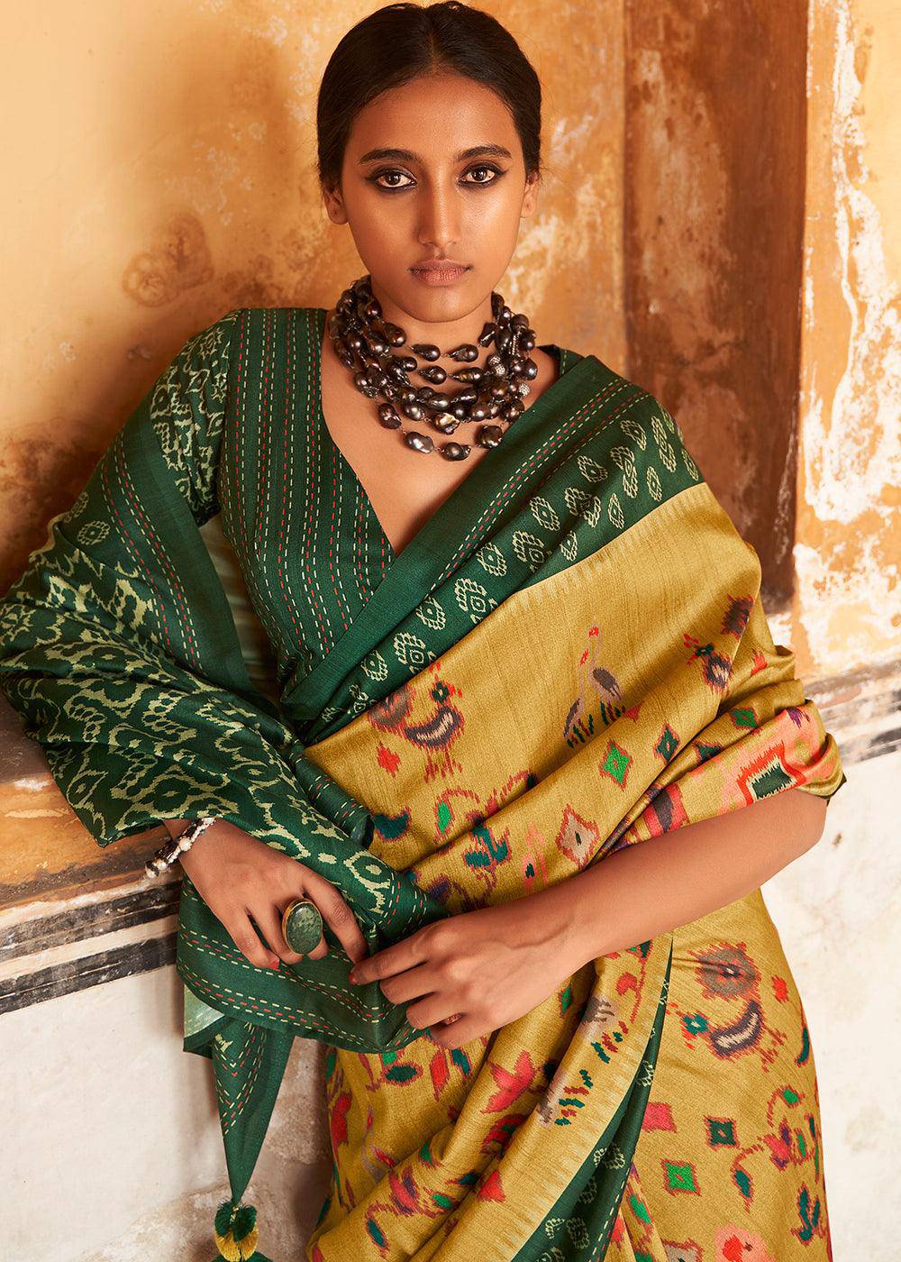 Mikado Yellow Patola Print Tussar Silk Saree | Stitched Blouse - qivii