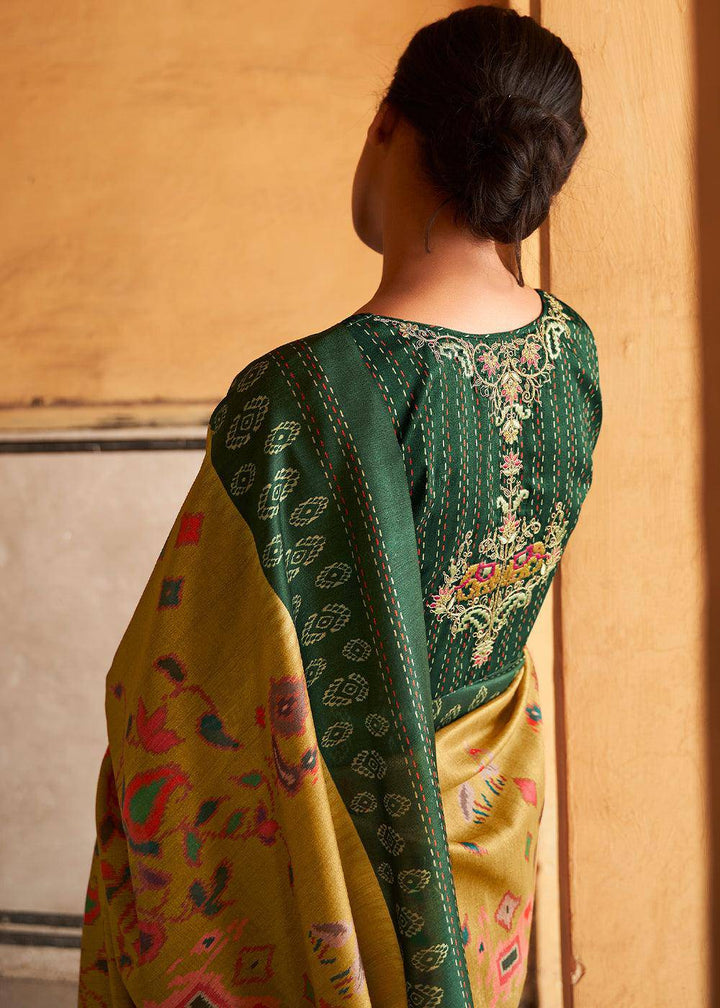 Mikado Yellow Patola Print Tussar Silk Saree | Stitched Blouse - qivii