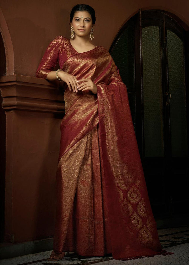 Milano Red & Golden Blend Woven Kanjivaram Silk Saree | Stitched Blouse - qivii