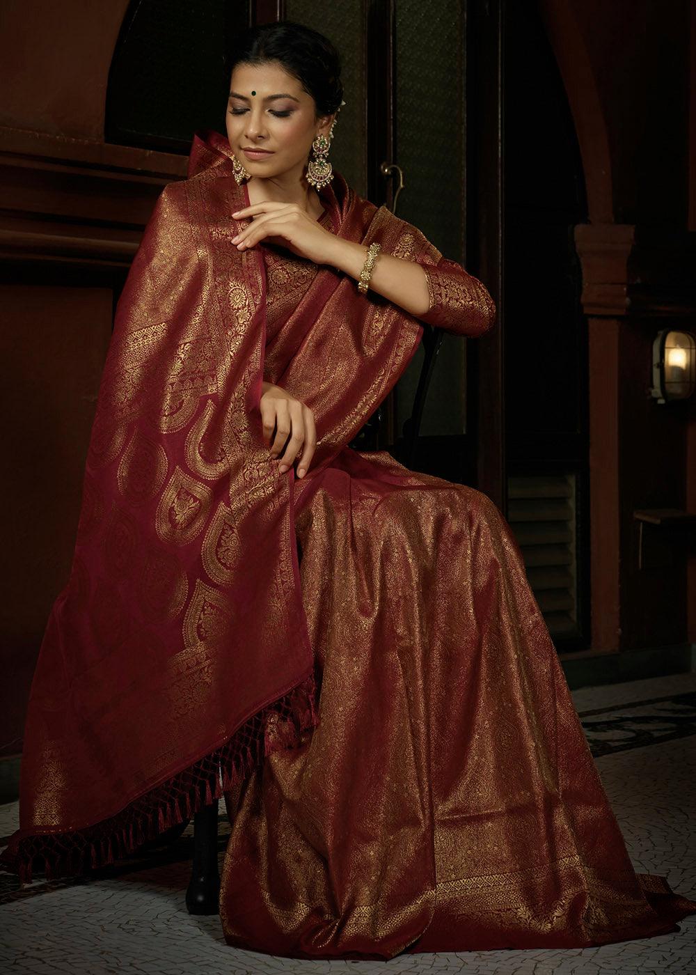 Milano Red & Golden Blend Woven Kanjivaram Silk Saree | Stitched Blouse - qivii