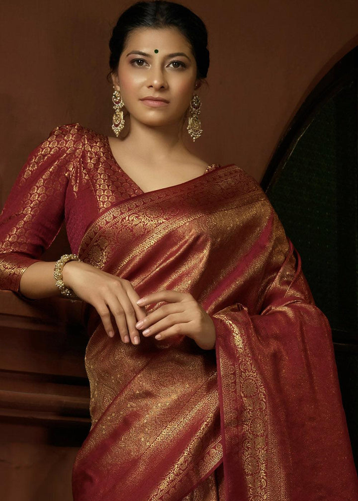 Milano Red & Golden Blend Woven Kanjivaram Silk Saree | Stitched Blouse - qivii