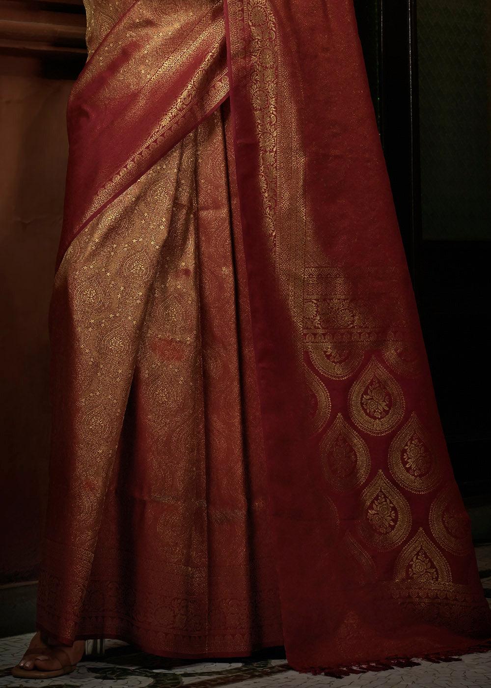 Milano Red & Golden Blend Woven Kanjivaram Silk Saree | Stitched Blouse - qivii