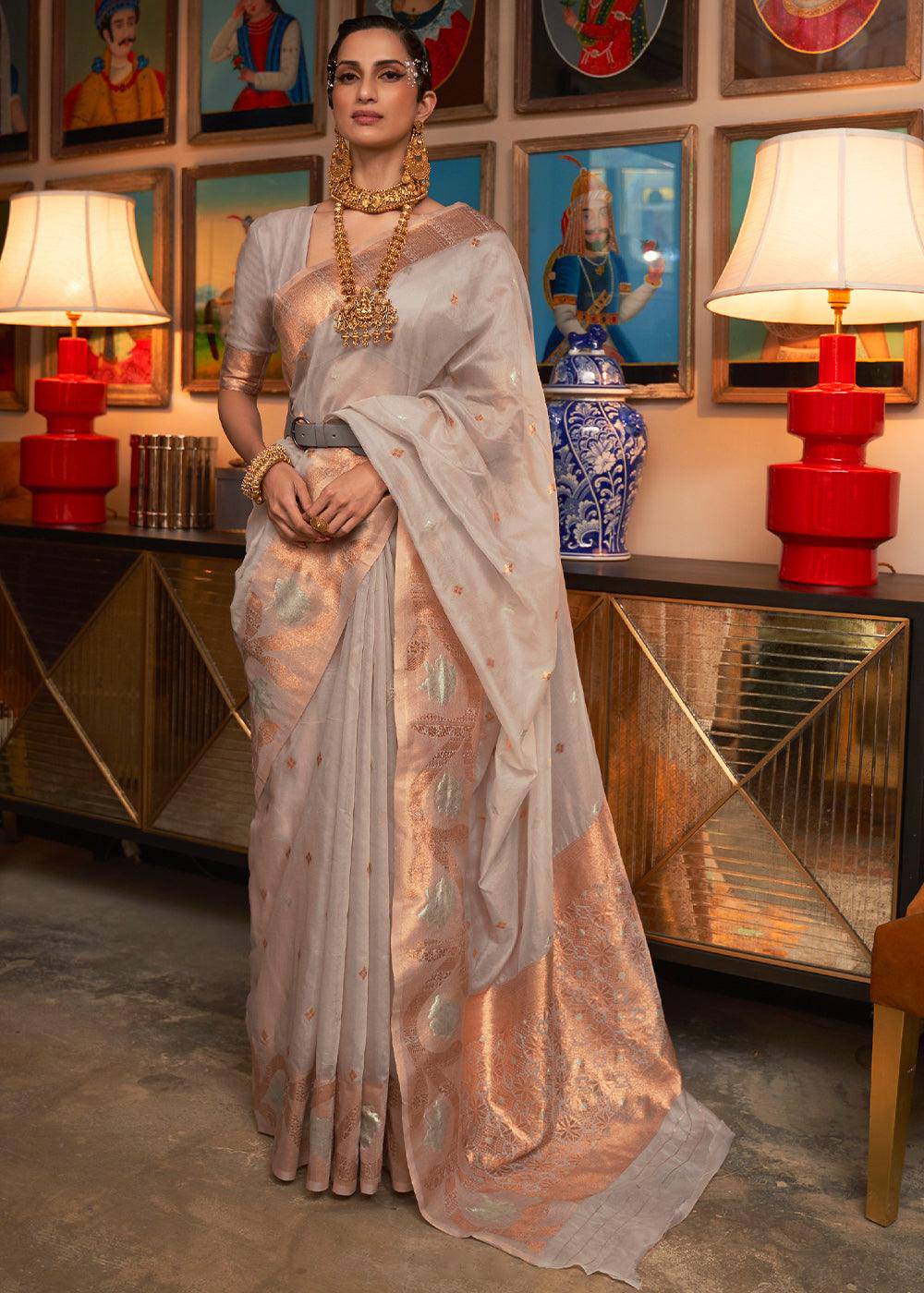 Mink Grey Copper Zari Handloom Woven Silk Saree | Stitched Blouse - qivii