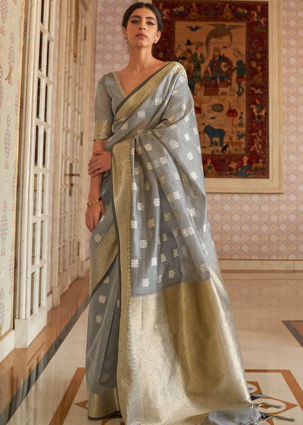 Mink Grey Zari Woven Linen Silk Saree - qivii