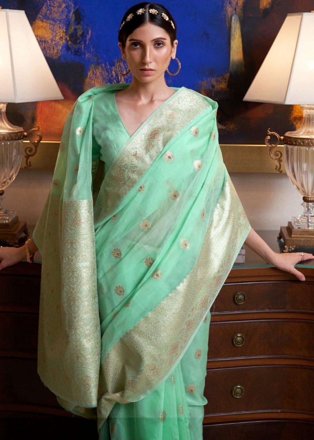 Mint Green Banarasi-Chanderi Fusion Woven Silk Saree | Stitched Blouse - qivii