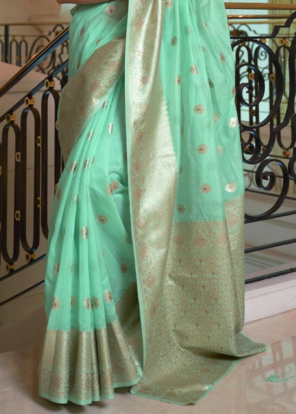 Mint Green Banarasi-Chanderi Fusion Woven Silk Saree | Stitched Blouse - qivii