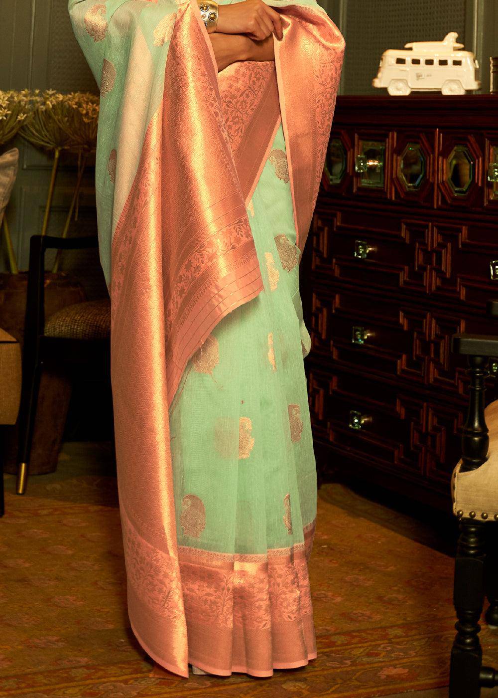 Mint Green Copper Zari Woven Linen Silk Saree | Stitched Blouse - qivii