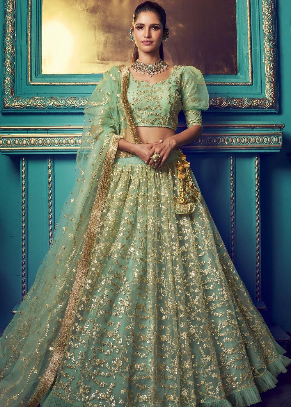 Mint Green Designer Soft Net Lehenga Choli with Ruffles and Sequin, Dori work - qivii