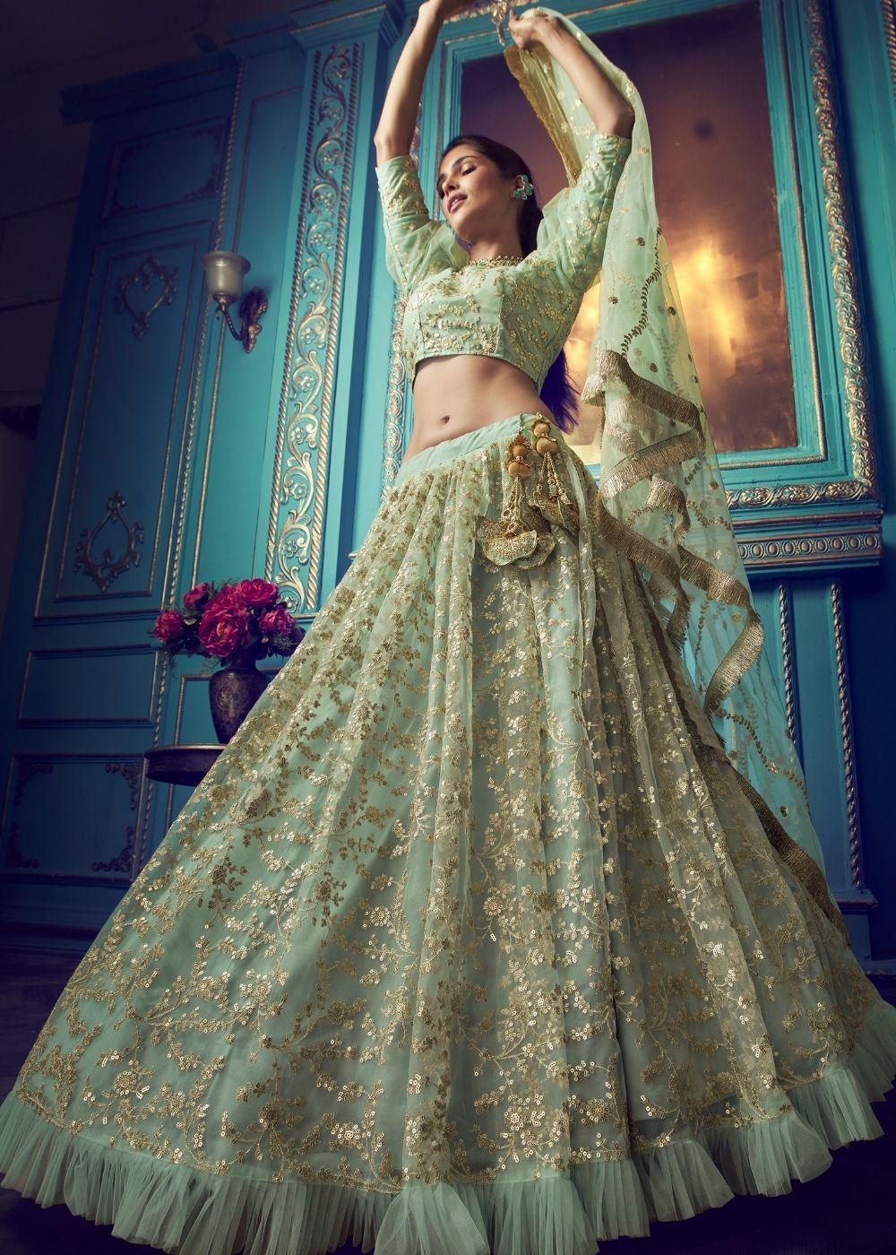 Mint Green Designer Soft Net Lehenga Choli with Ruffles and Sequin, Dori work - qivii