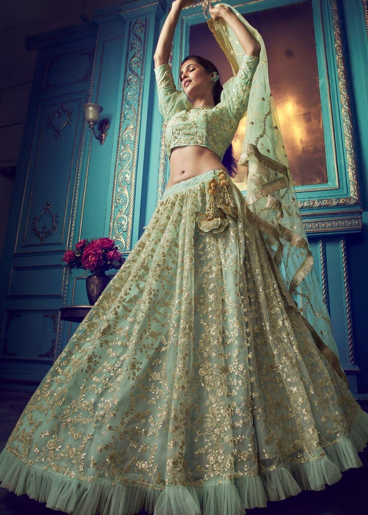 Mint Green Designer Soft Net Lehenga Choli with Ruffles and Sequin, Dori work - qivii