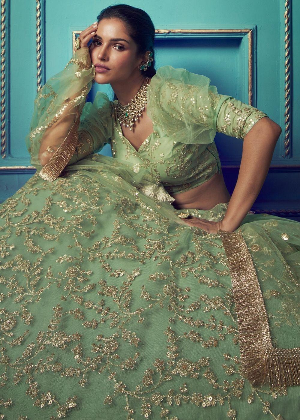 Mint Green Designer Soft Net Lehenga Choli with Ruffles and Sequin, Dori work - qivii