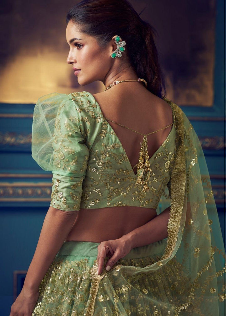 Mint Green Designer Soft Net Lehenga Choli with Ruffles and Sequin, Dori work - qivii